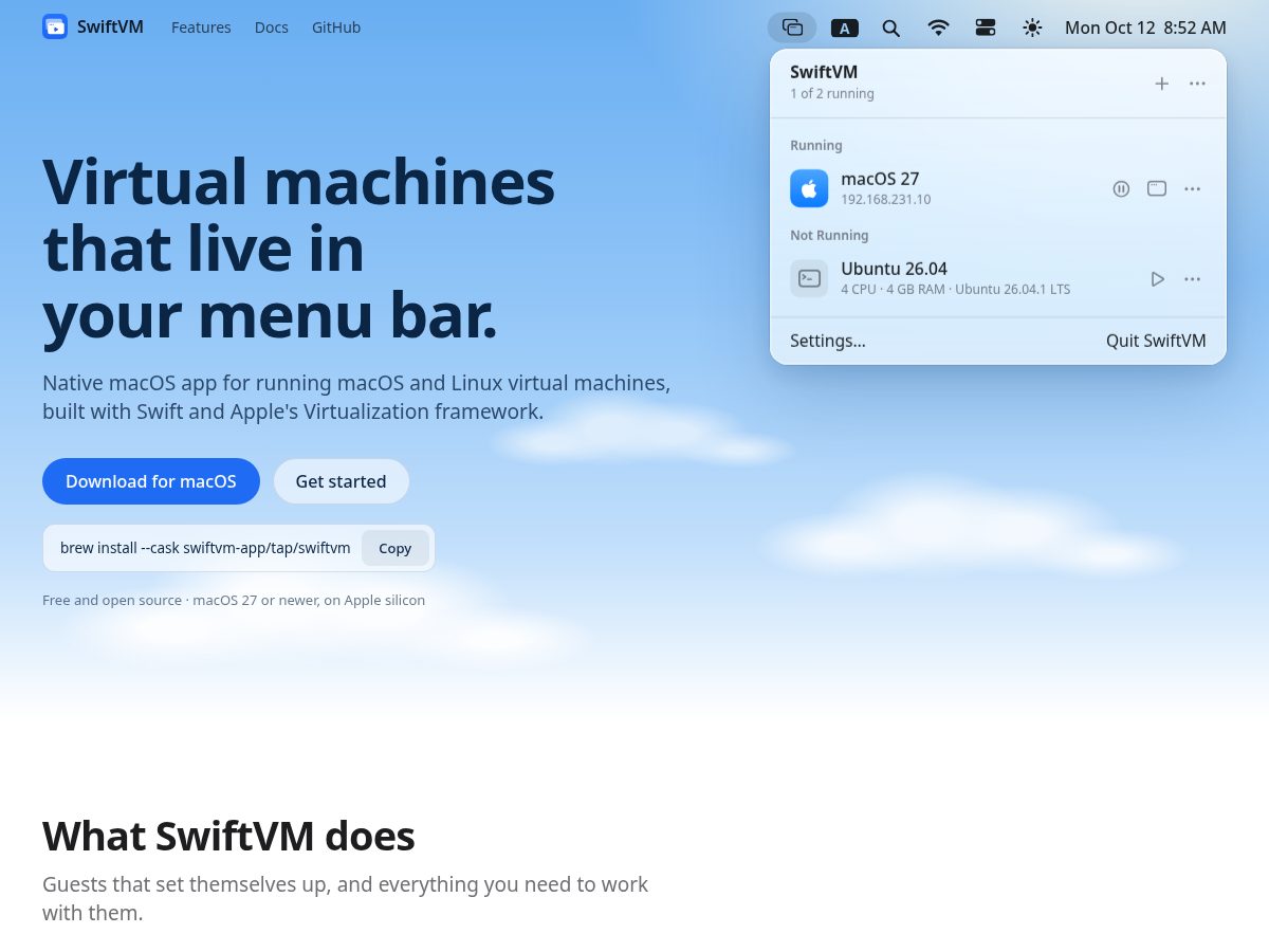 Landing-page snapshot of swiftvm.app