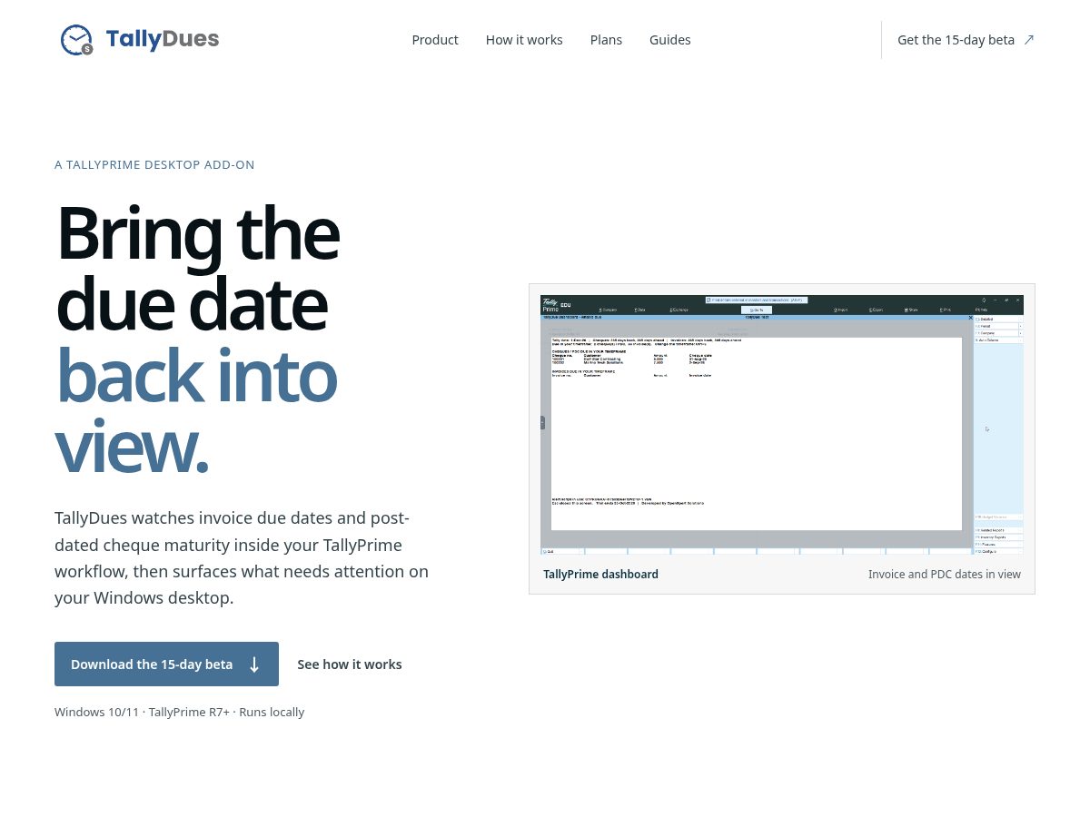 Landing-page snapshot of tallydues.app