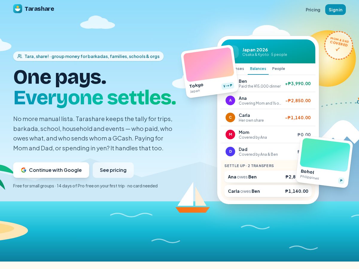 Landing-page snapshot of tarashare.app