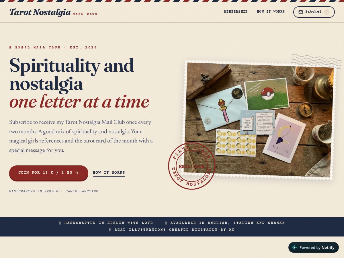 Landing-page snapshot of tarotnostalgiamailclub.shop