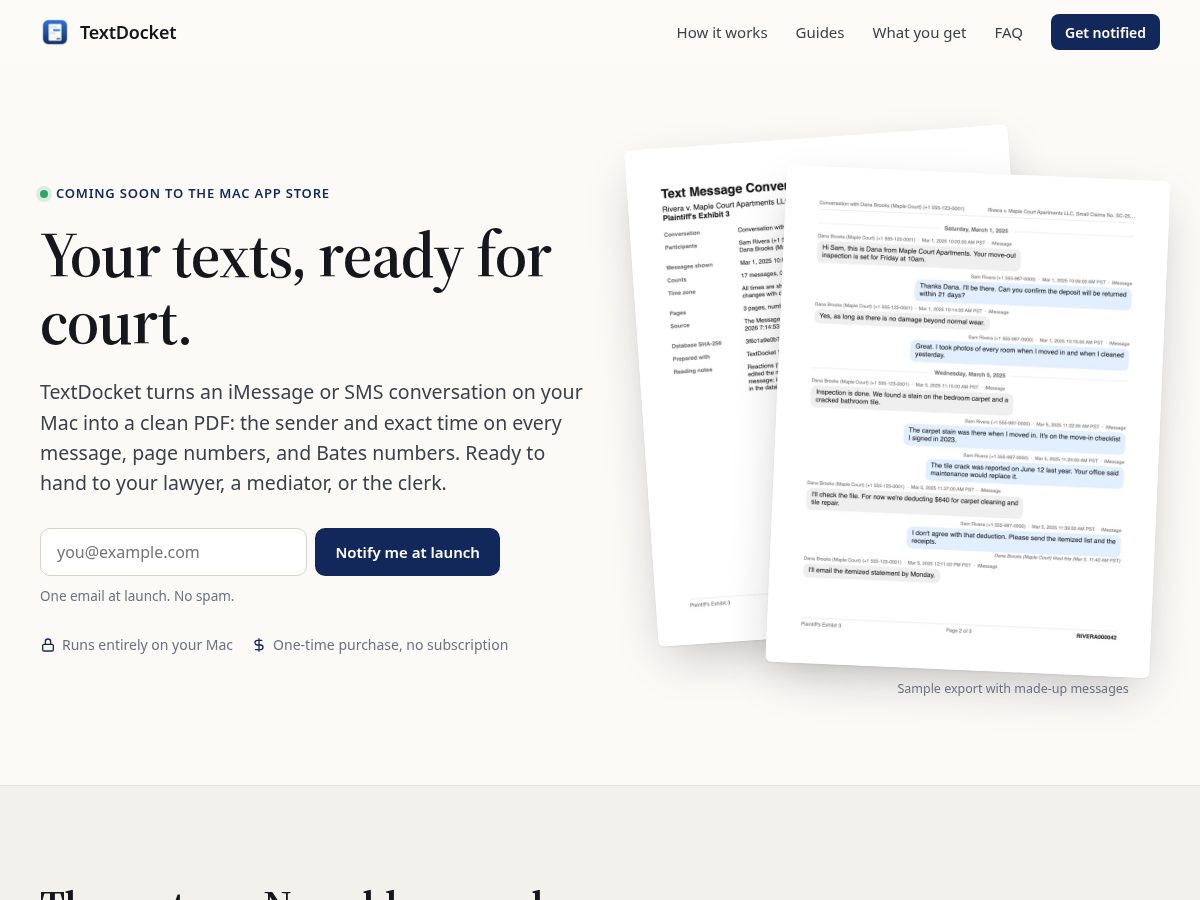 Landing-page snapshot of textdocket.app