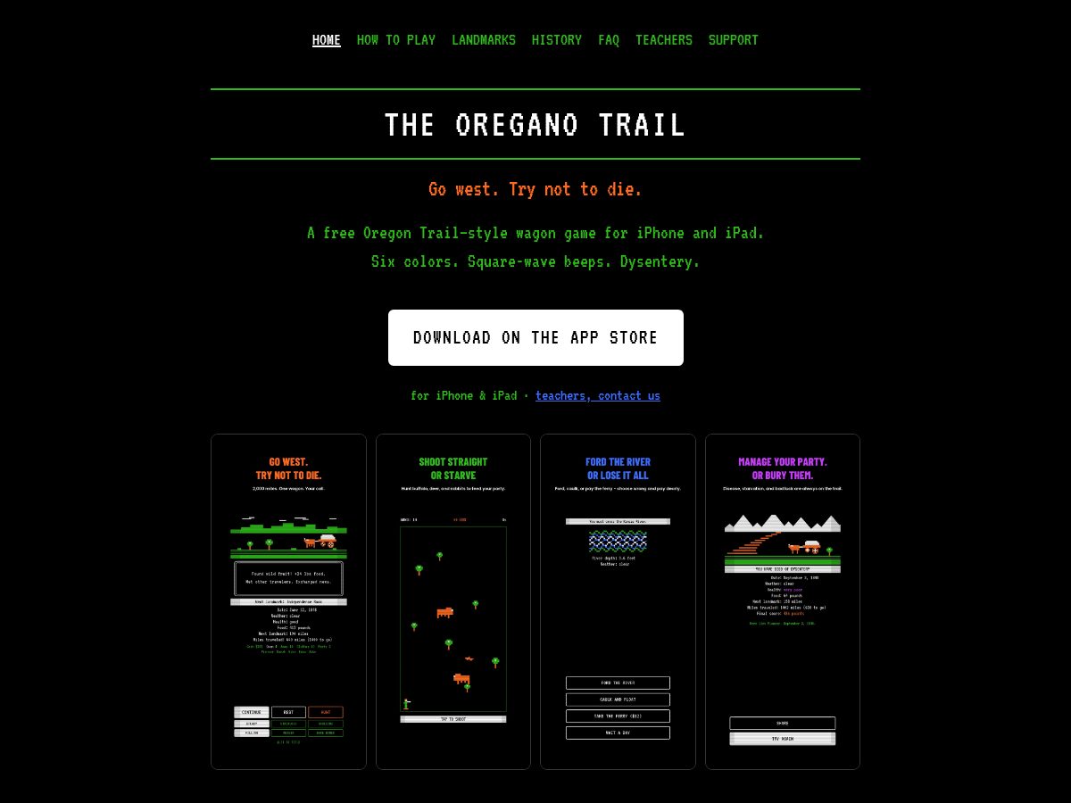 Landing-page snapshot of theoreganotrailgame.online