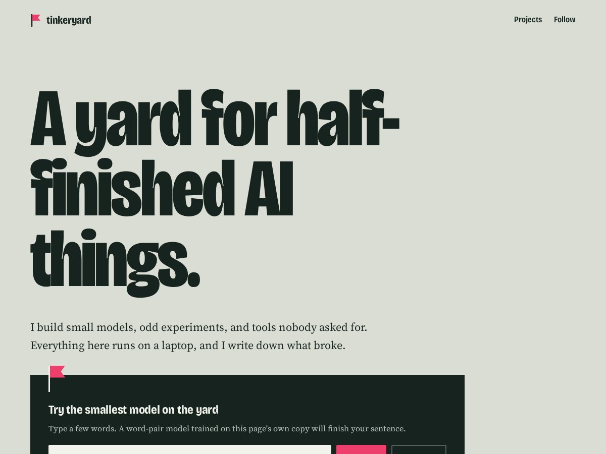 Landing-page snapshot of tinkeryard.dev