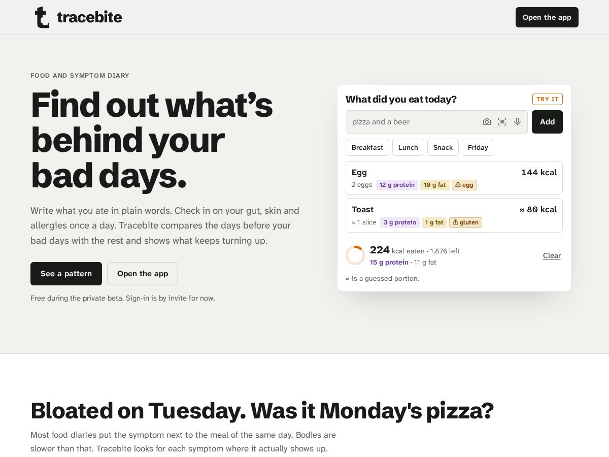 Landing-page snapshot of tracebite.app
