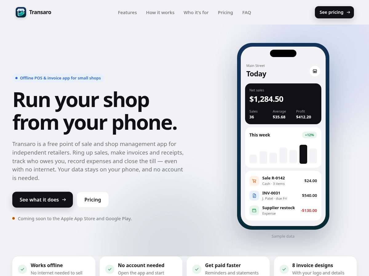 Landing-page snapshot of transaro.app