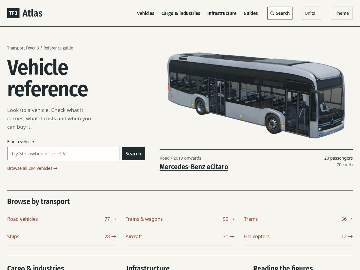 Landing-page snapshot of transportfever.guide