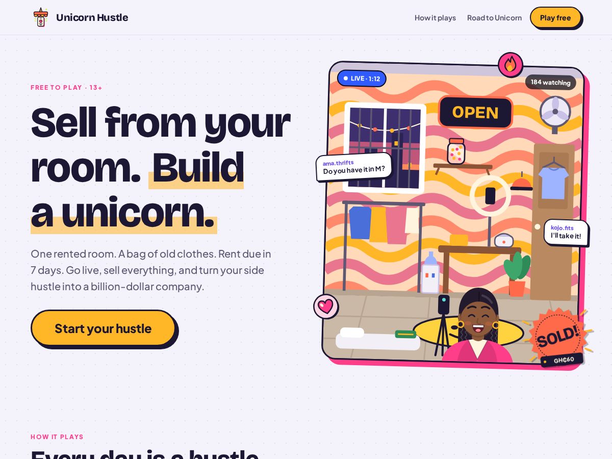 Landing-page snapshot of unicornhustle.xyz