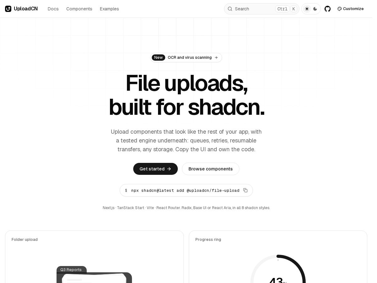 Landing-page snapshot of uploadcn.dev