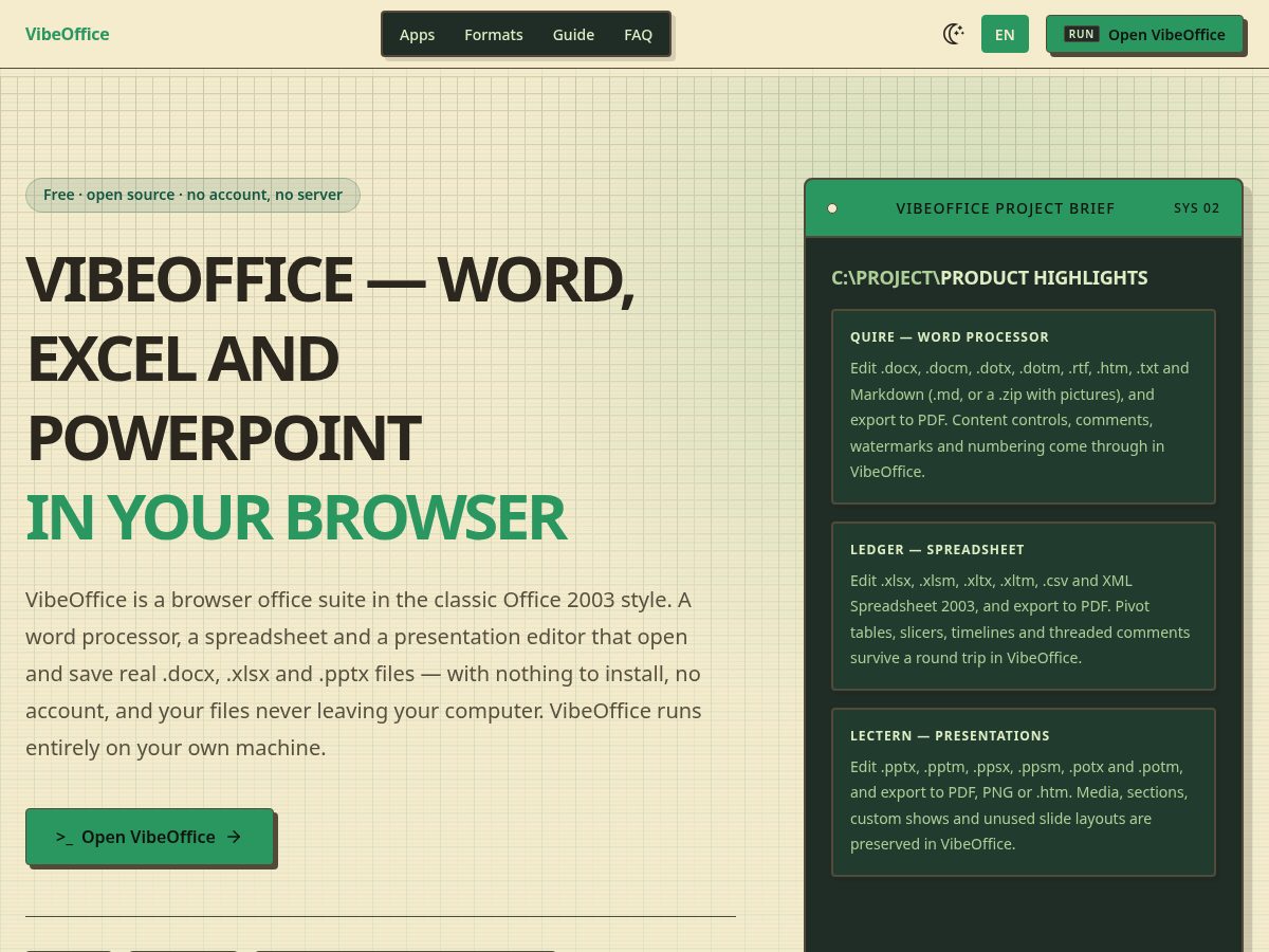 Landing-page snapshot of vibeoffice.online