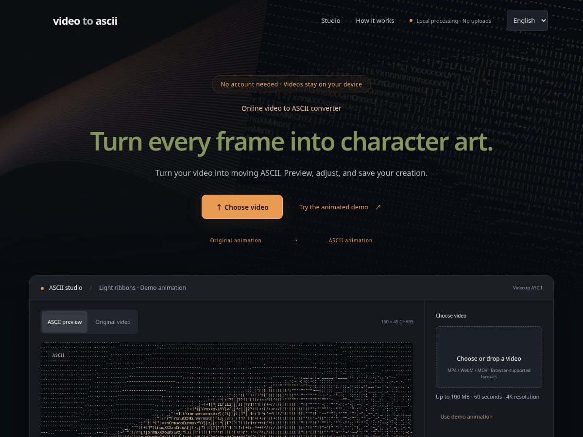 Landing-page snapshot of videotoascii.app