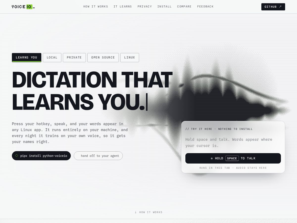 Landing-page snapshot of voiceio.dev