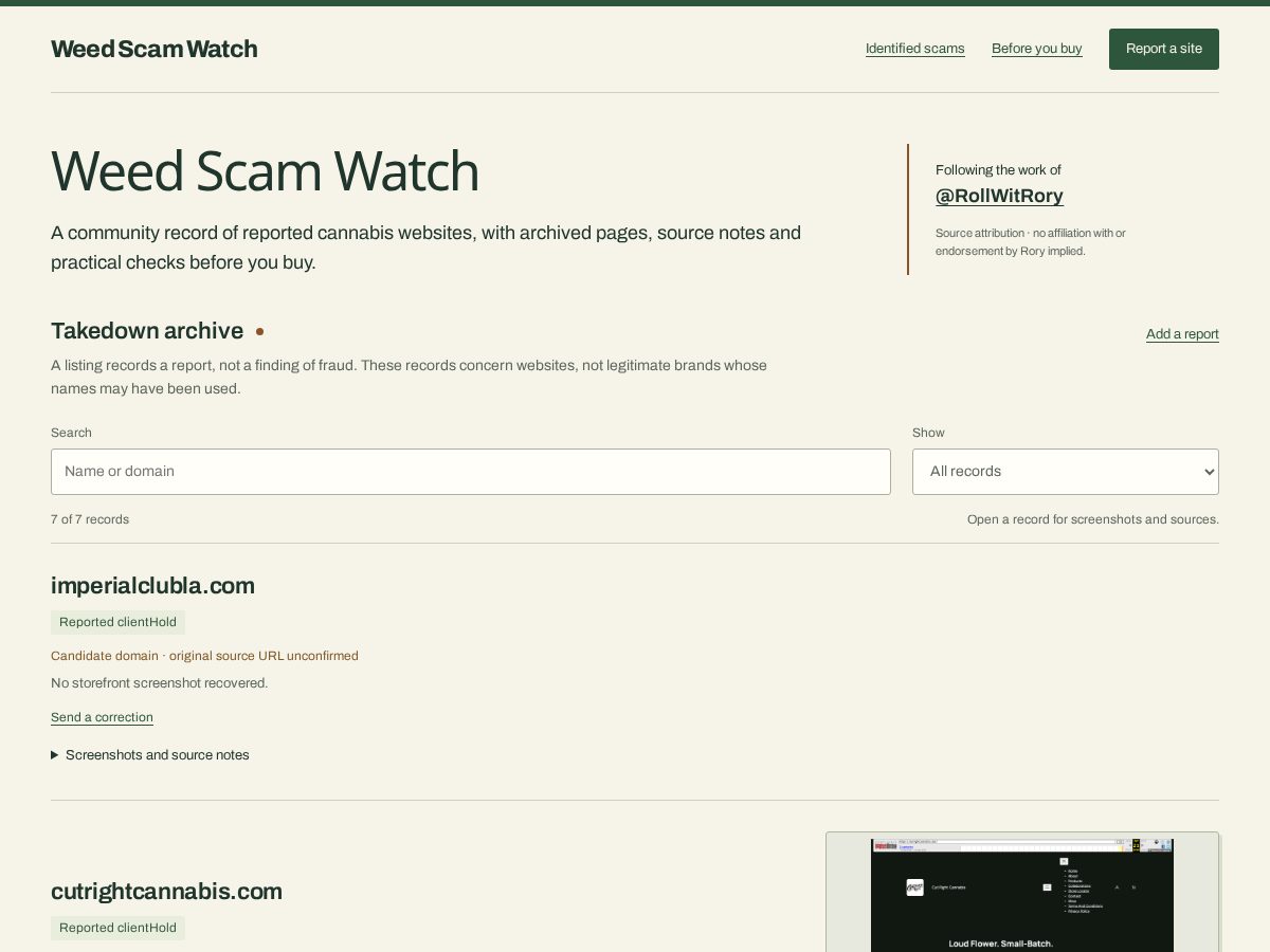 Landing-page snapshot of weedscamwatch.foo