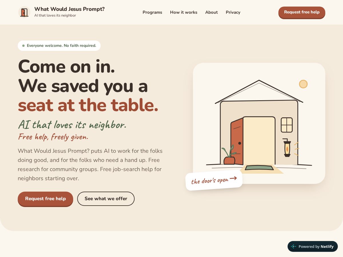 Landing-page snapshot of whatwouldjesusprompt.org