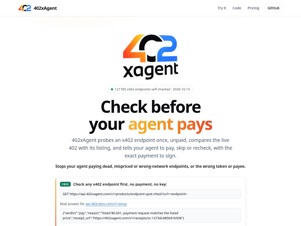 Landing-page snapshot of 402xagent.com