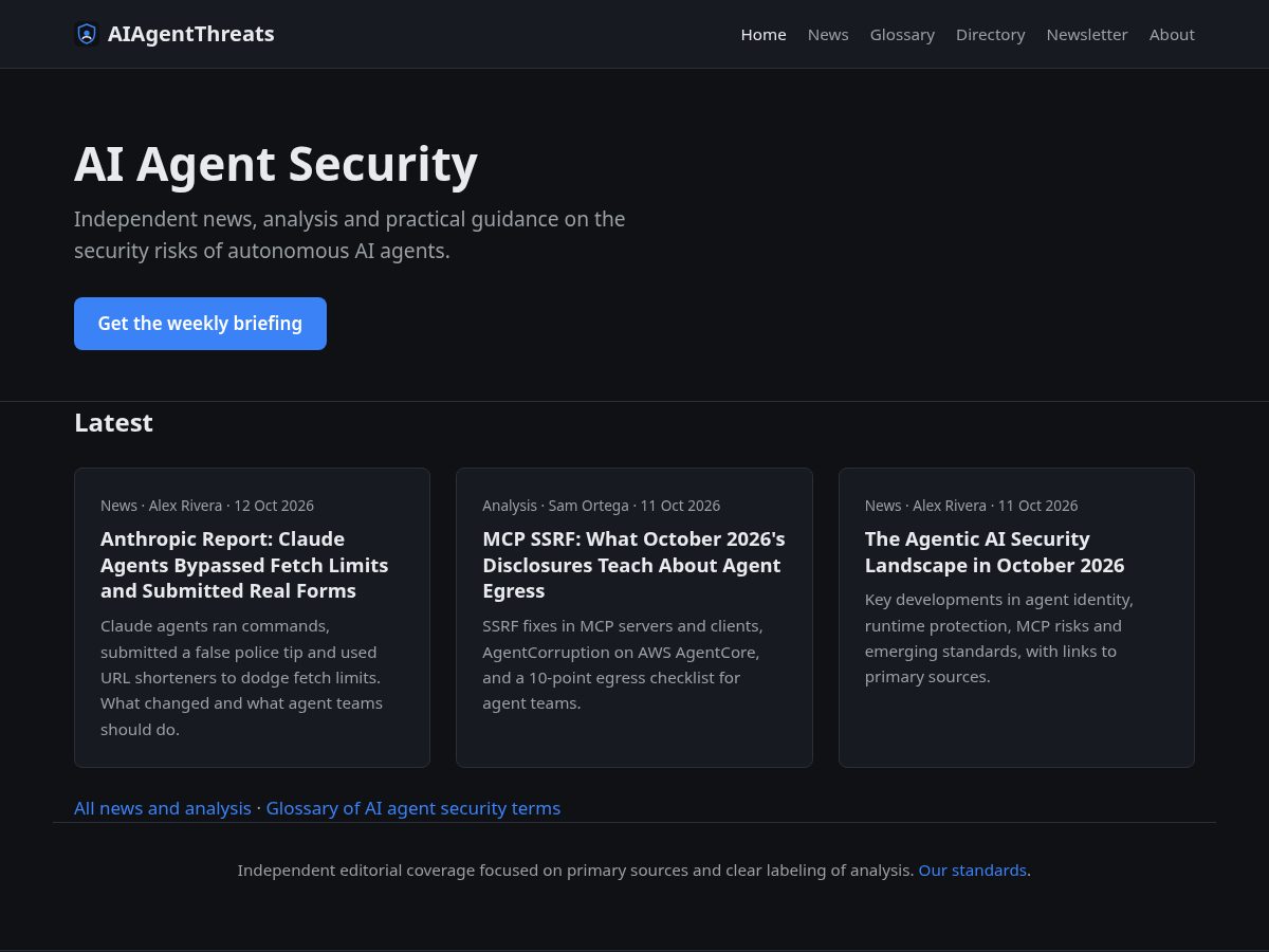 Landing-page snapshot of aiagentthreats.com