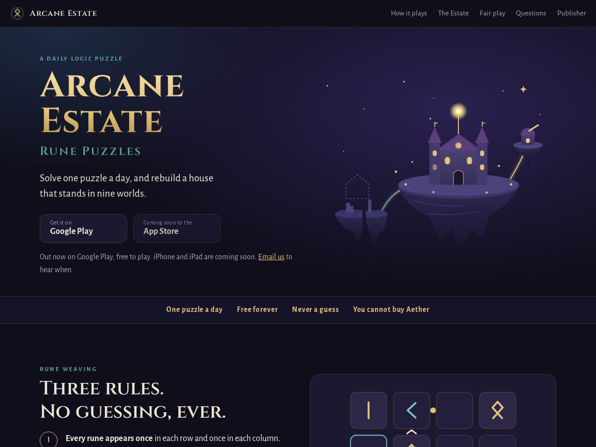 Landing-page snapshot of arcaneestategame.com
