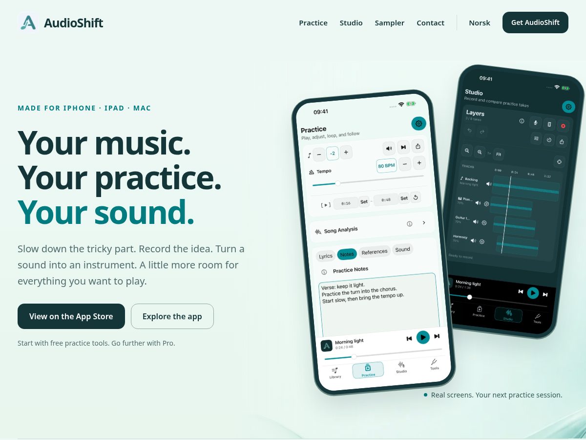 Landing-page snapshot of audioshift.app