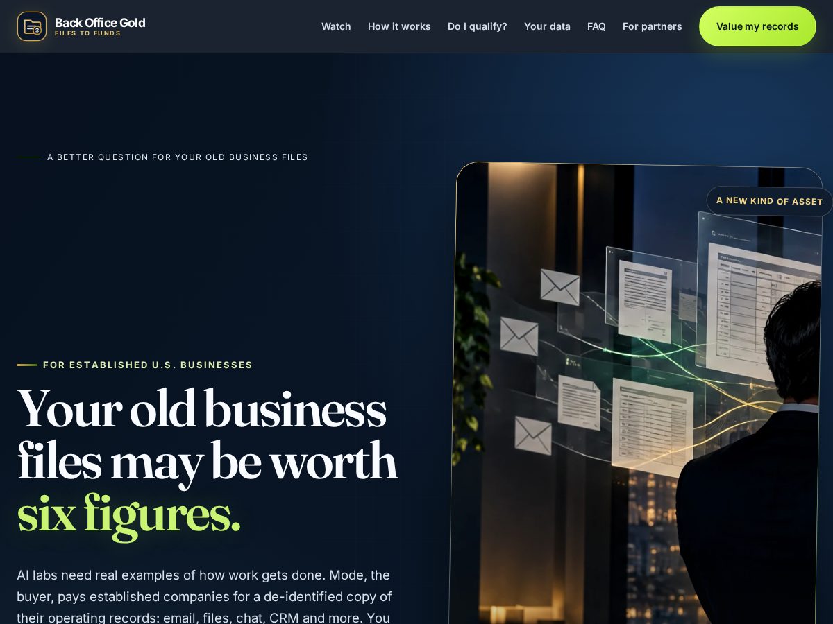 Landing-page snapshot of backofficegold.com