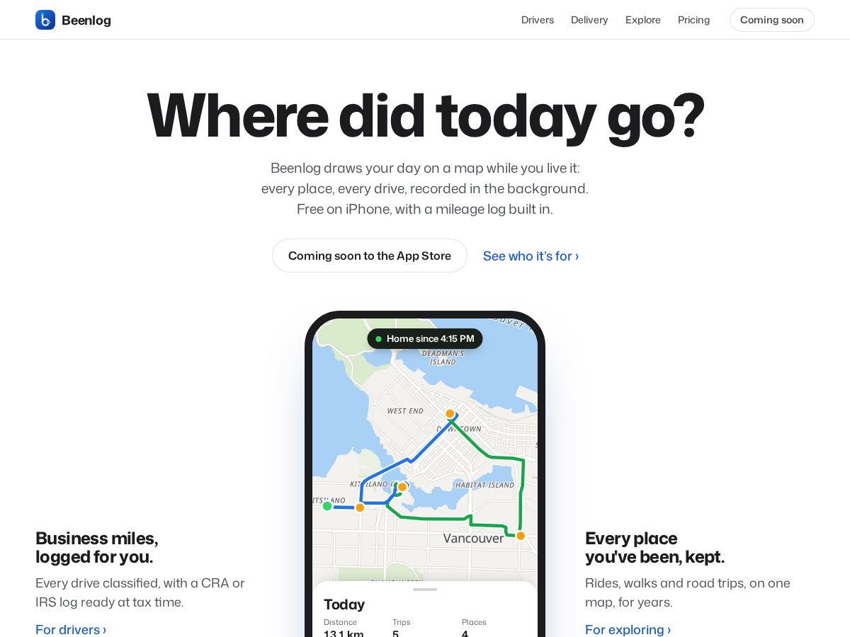 Landing-page snapshot of beenlog.app