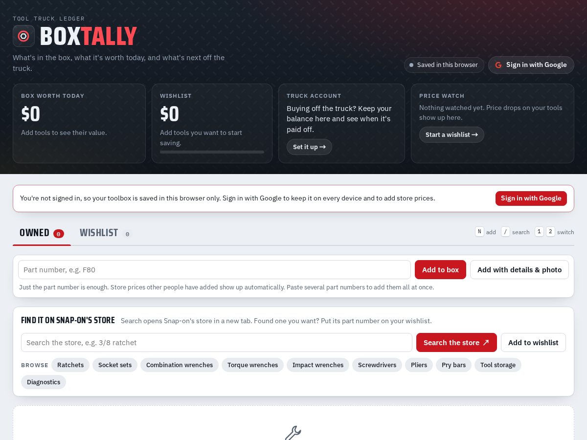 Landing-page snapshot of boxtally.app