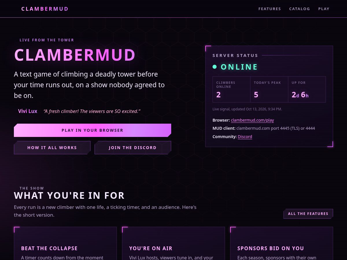 Landing-page snapshot of clambermud.com