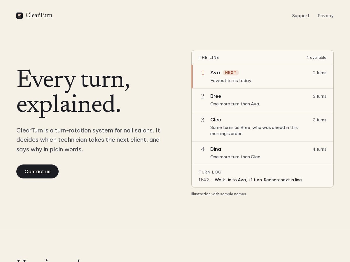 Landing-page snapshot of clearturn.app