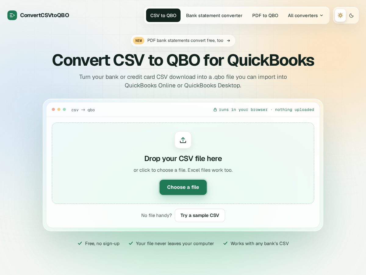 Landing-page snapshot of convertcsvtoqbo.com