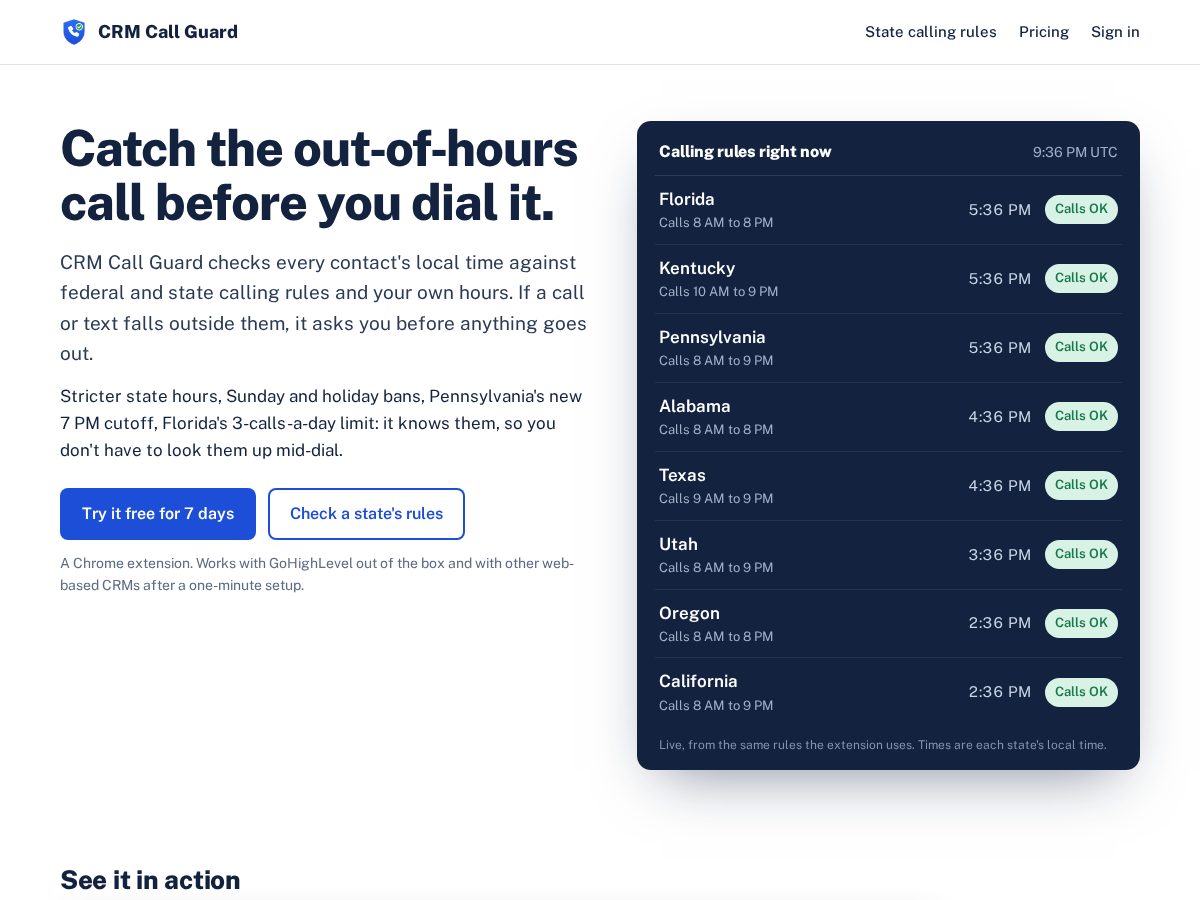 Landing-page snapshot of crmcallguard.com