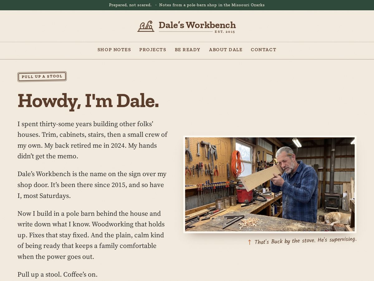 Landing-page snapshot of dalesworkbench.com