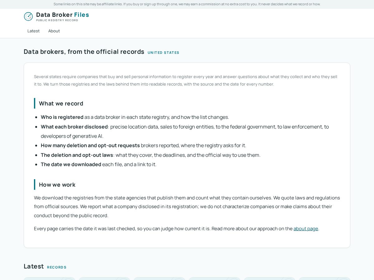Landing-page snapshot of databrokerfiles.com