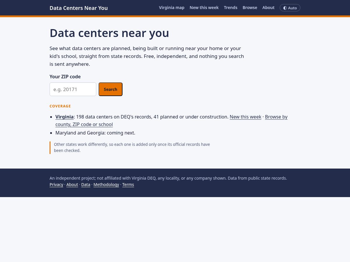 Landing-page snapshot of datacentersnearyou.org