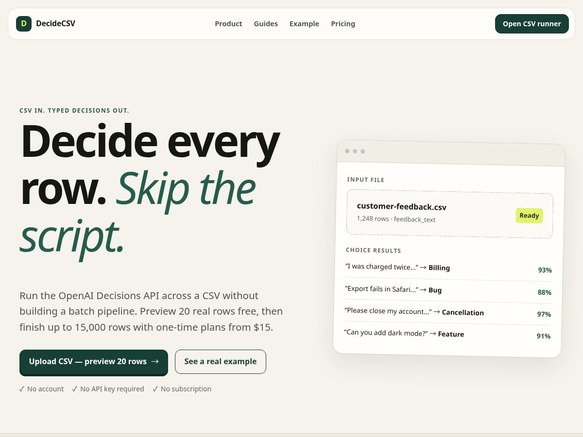 Landing-page snapshot of decidecsv.com
