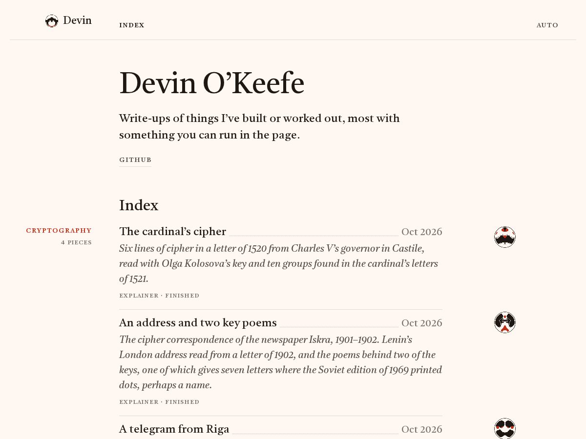 Landing-page snapshot of devinokeefe.com