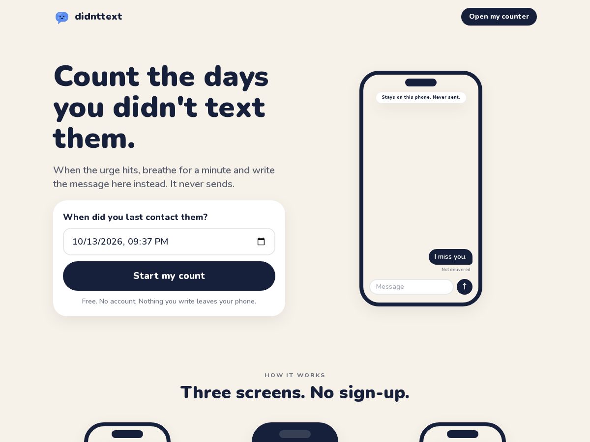 Landing-page snapshot of didnttext.com