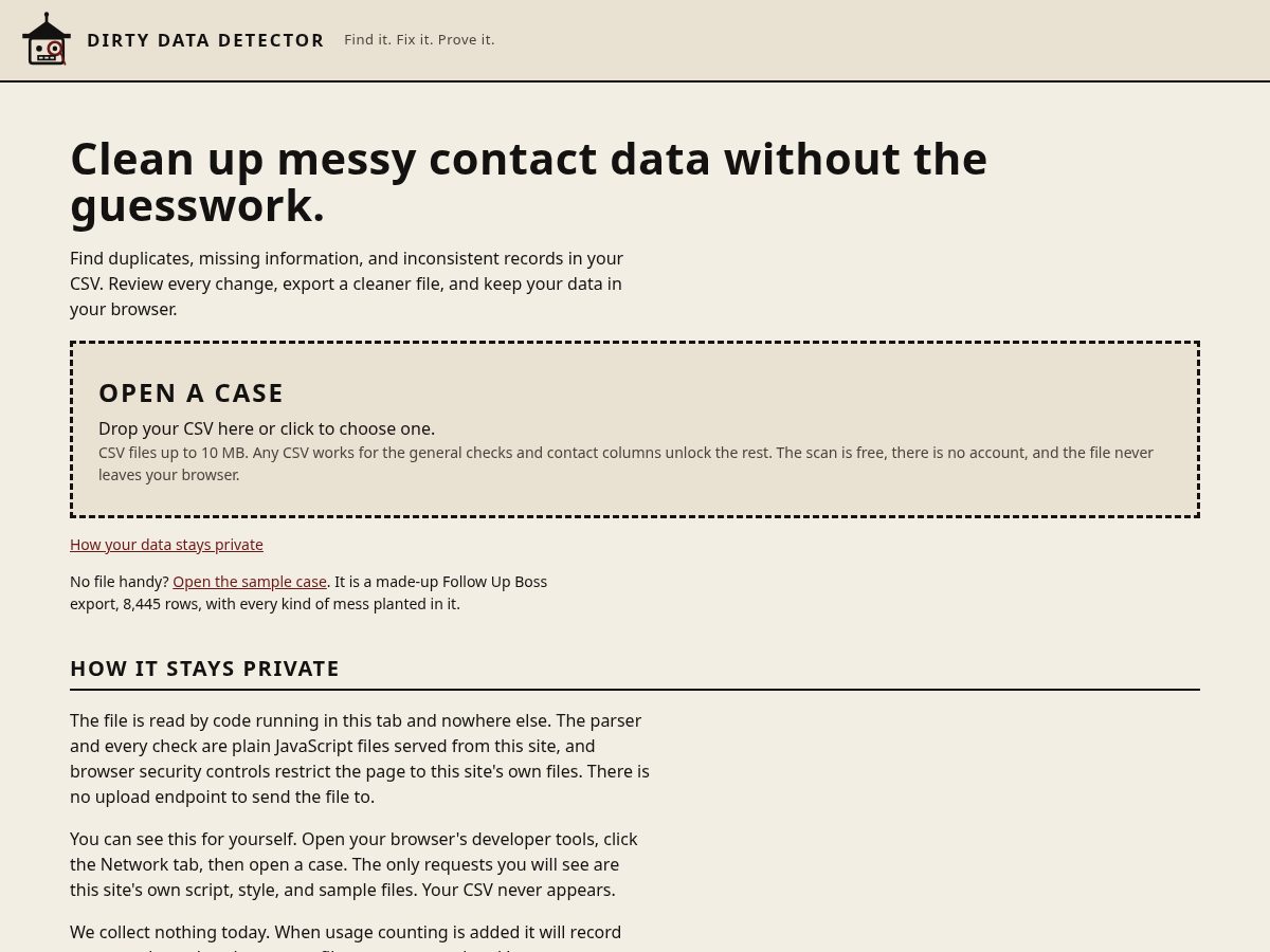 Landing-page snapshot of dirtydatadetector.com