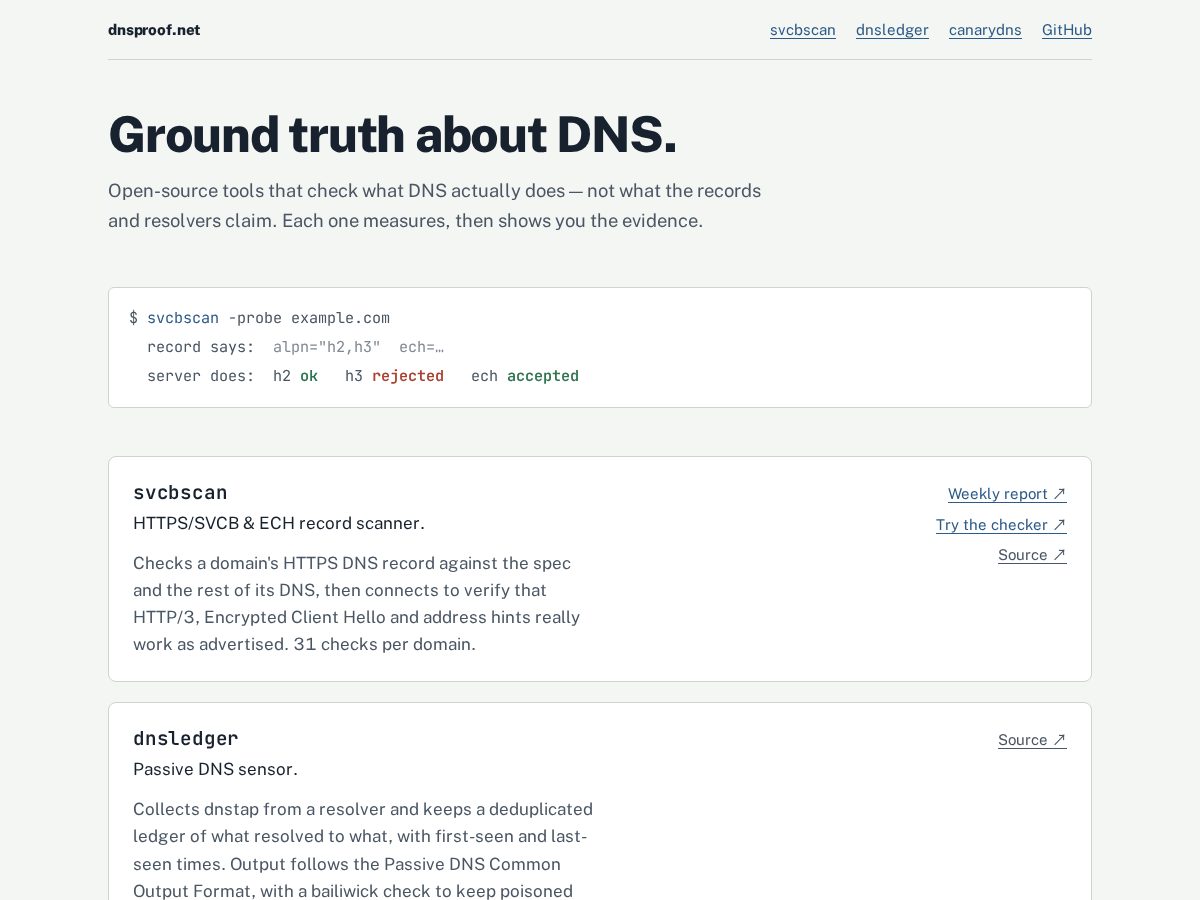 Landing-page snapshot of dnsproof.net