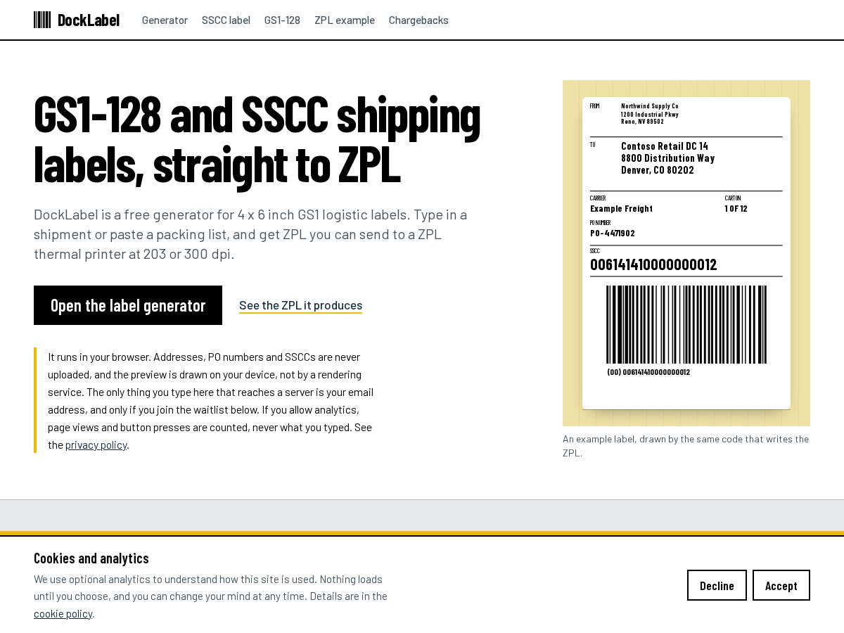 Landing-page snapshot of docklabel.com