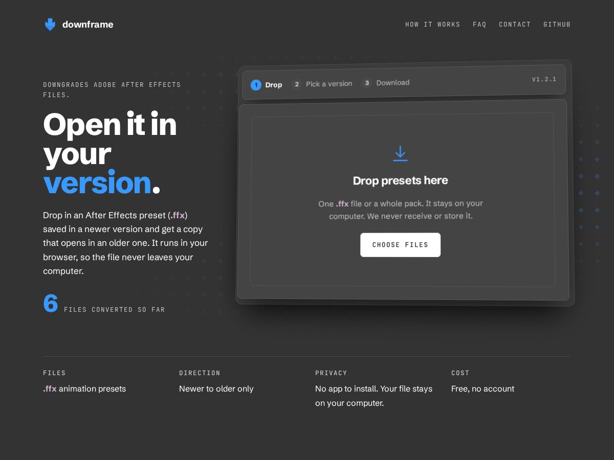 Landing-page snapshot of downframe.net