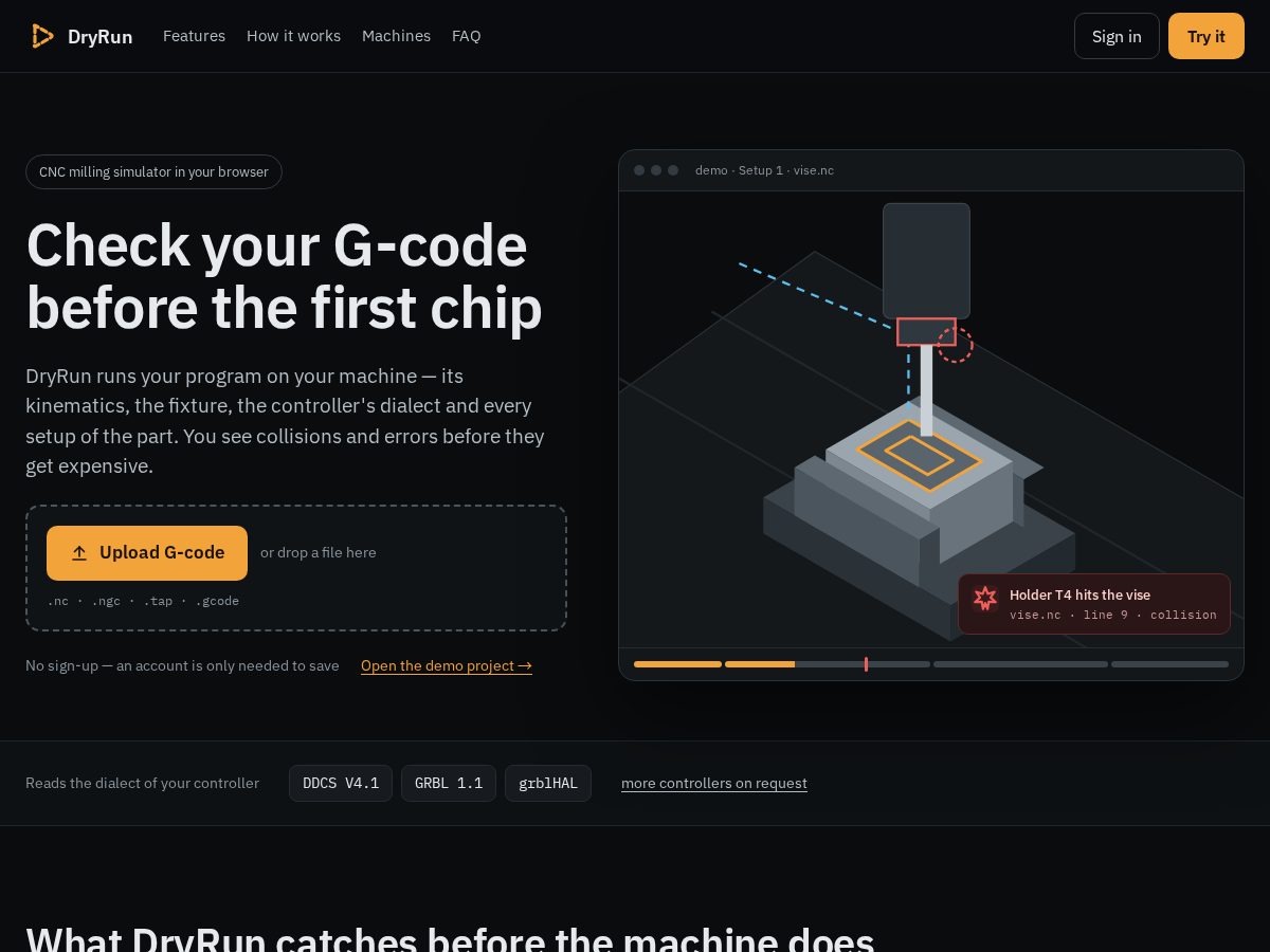 Landing-page snapshot of dryruncnc.com