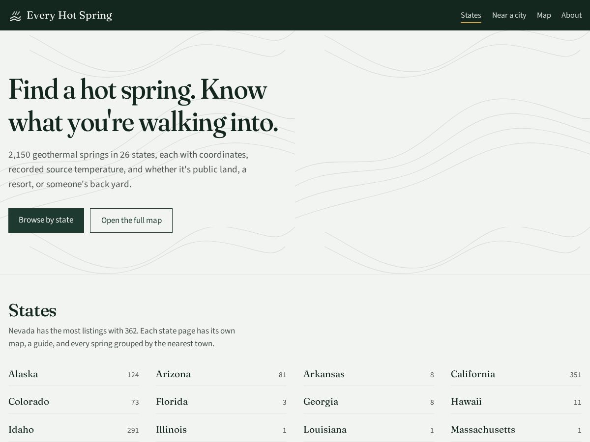 Landing-page snapshot of everyhotspring.com