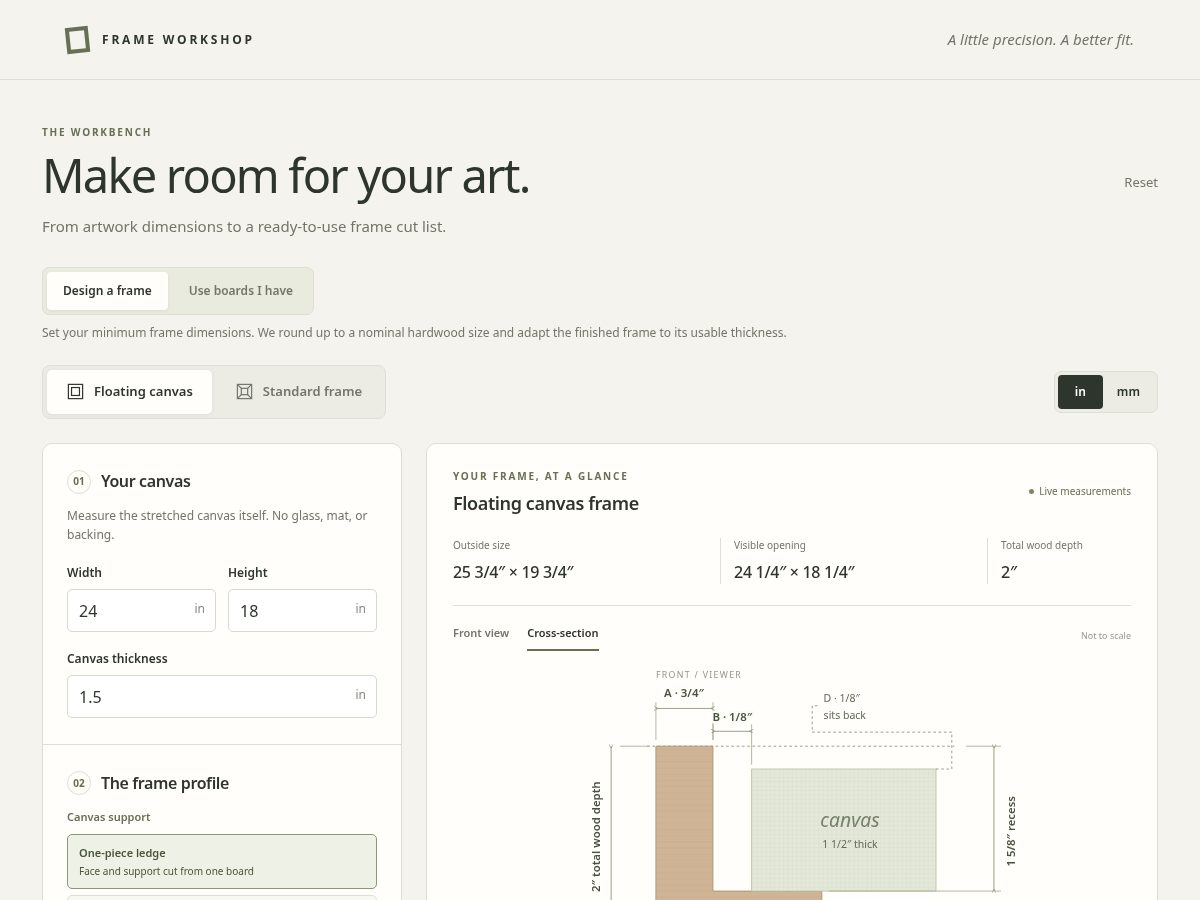 Landing-page snapshot of framecalc.app