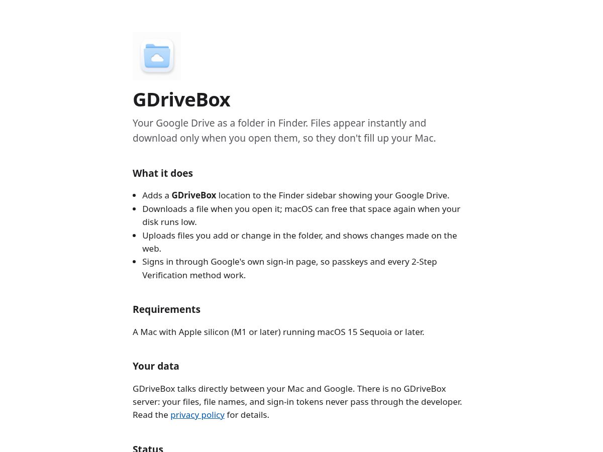 Landing-page snapshot of gdrivebox.app