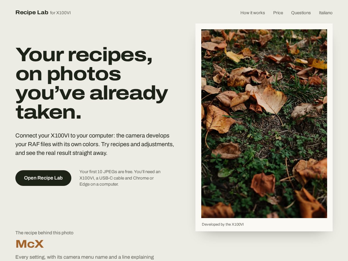 Landing-page snapshot of getrecipelab.app
