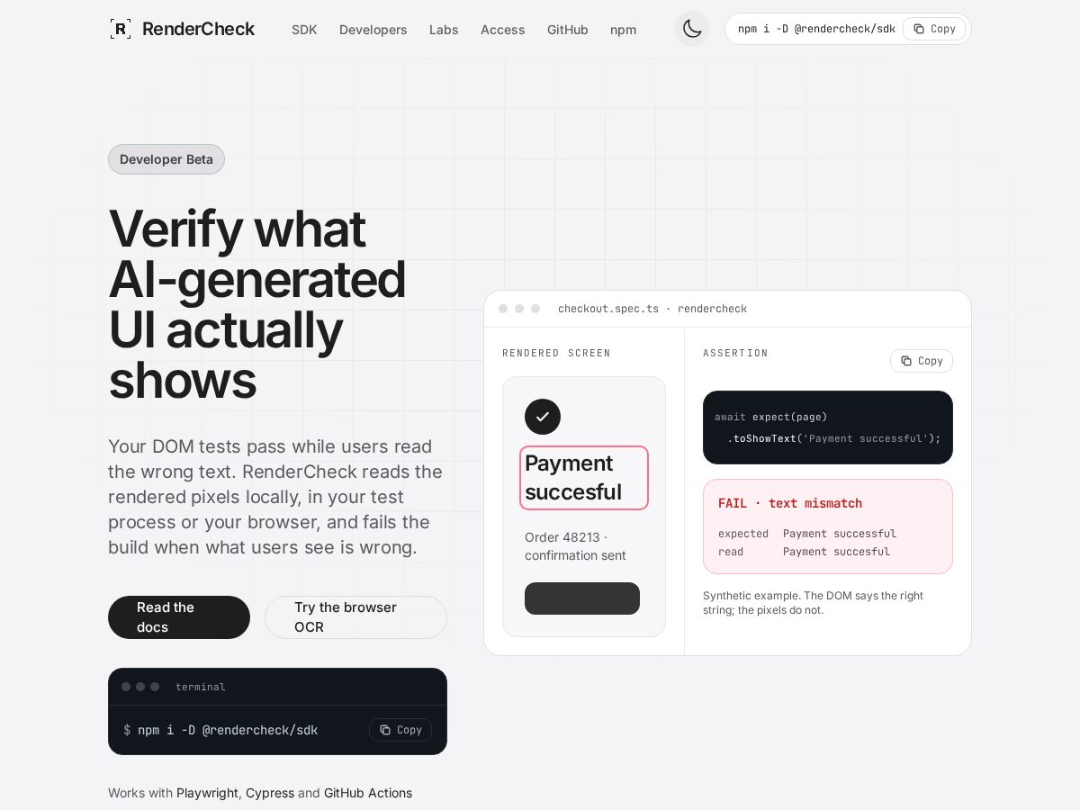 Landing-page snapshot of getrendercheck.com