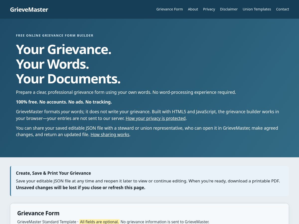 Landing-page snapshot of grievemaster.com