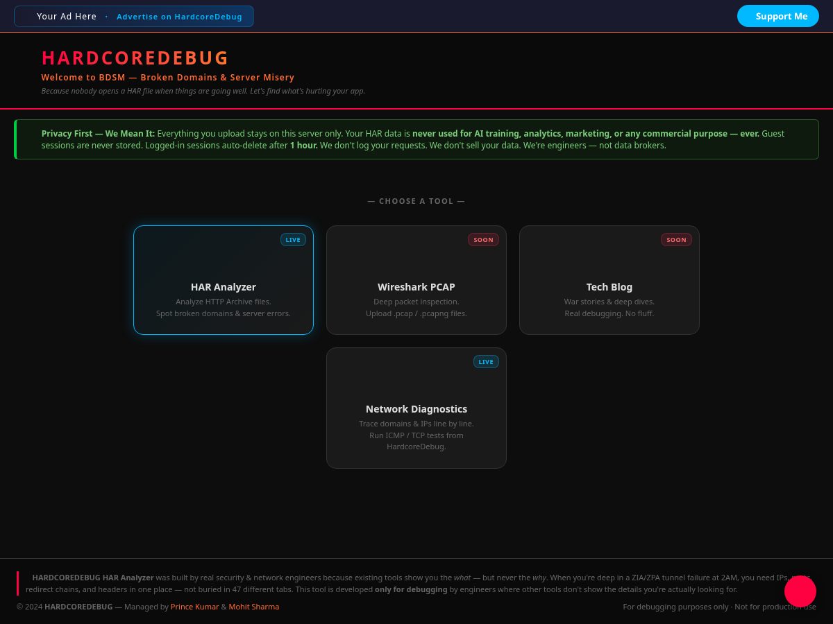 Landing-page snapshot of hardcoredebug.com