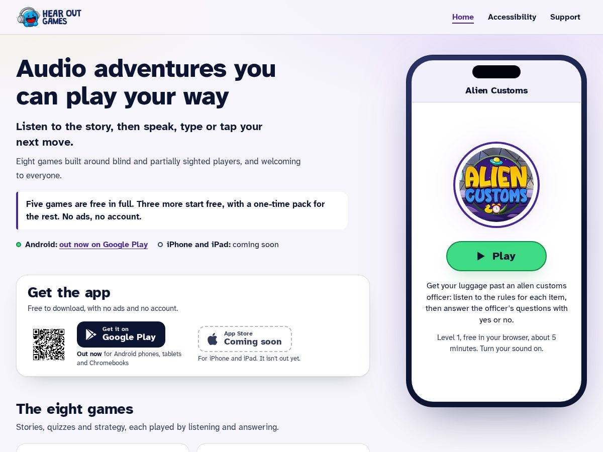 Landing-page snapshot of hearoutgames.com