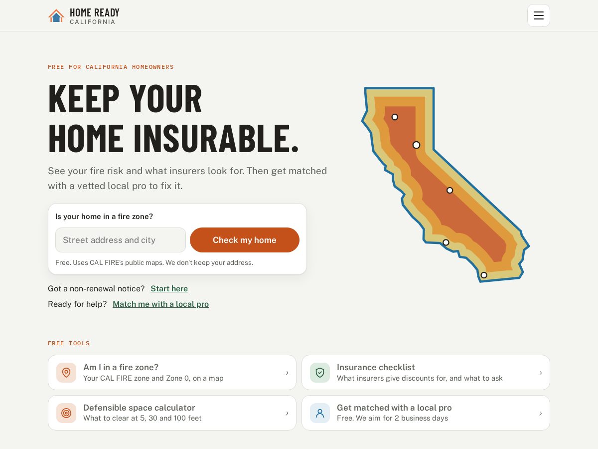 Landing-page snapshot of homereadycalifornia.com