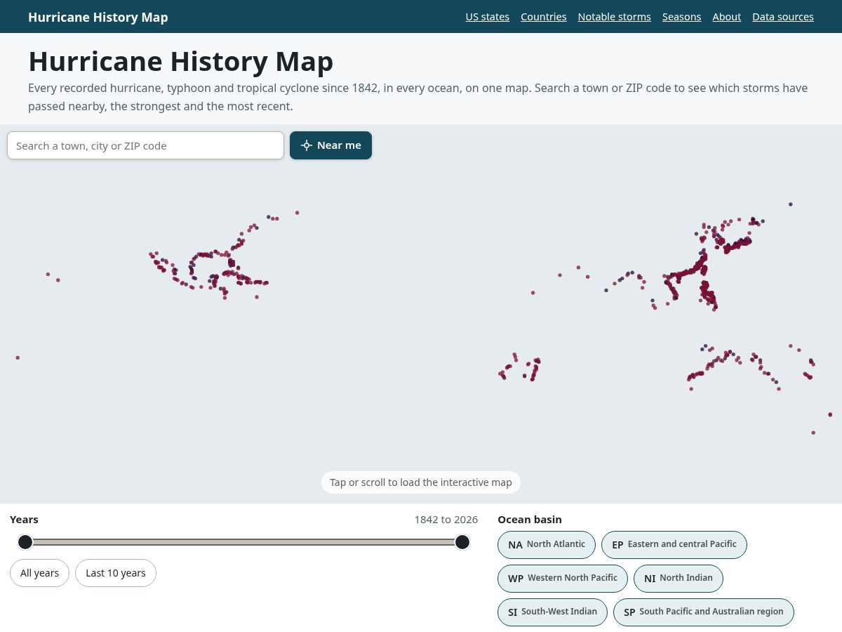 Landing-page snapshot of hurricanehistorymap.com