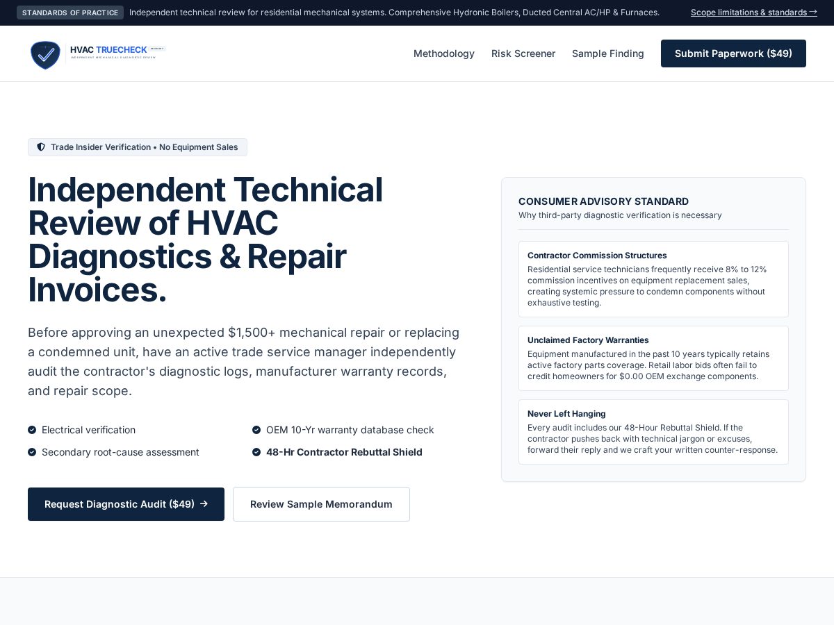 Landing-page snapshot of hvactruecheck.com